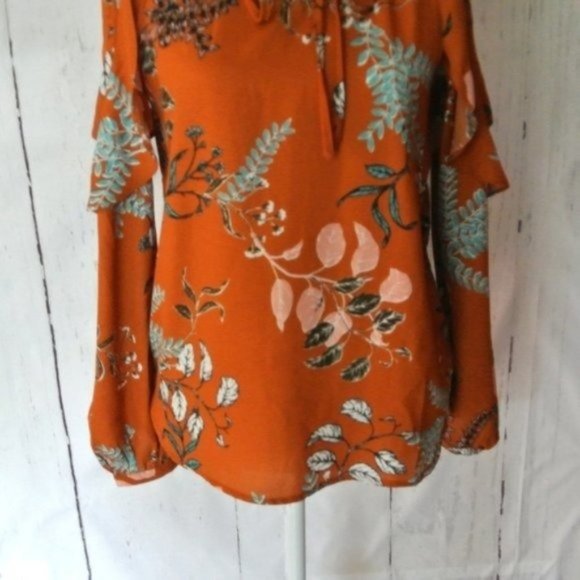 Japna Orange‎ Brown  Floral Blouse Cold Shoulder S - Picture 6 of 9